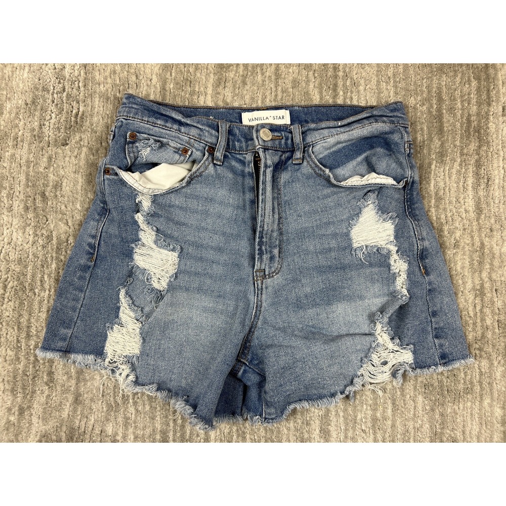 Vanilla Star Denim Shorts Womens 7 Blue Distressed High Rise Raw Hem Cutoffs